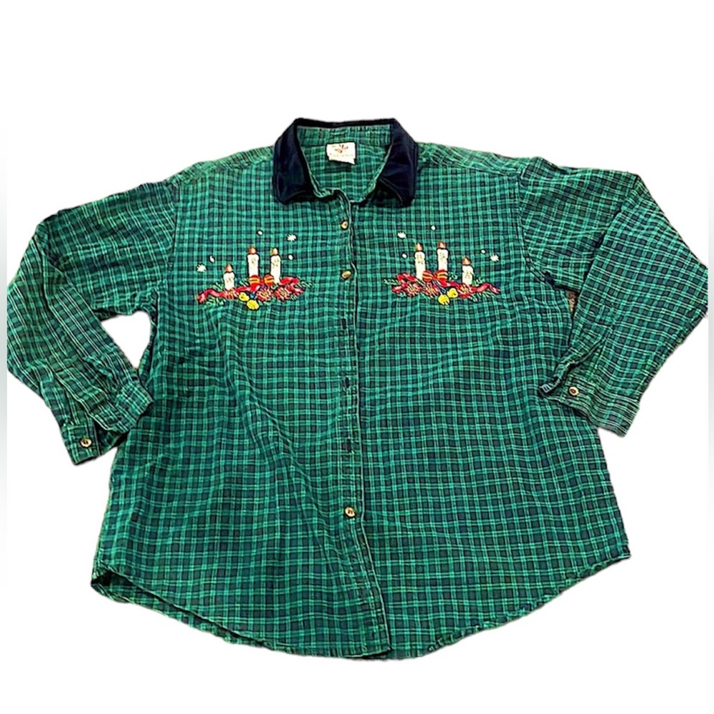 Nutcracker velvet collar Christmas candles plaid button down size large